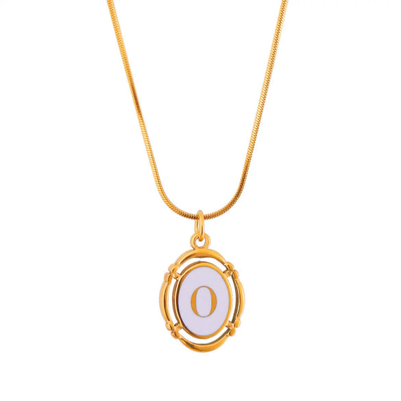 Titanium Steel Gold Plated Letter Oval Pendant Necklace With Dripping Oil Design