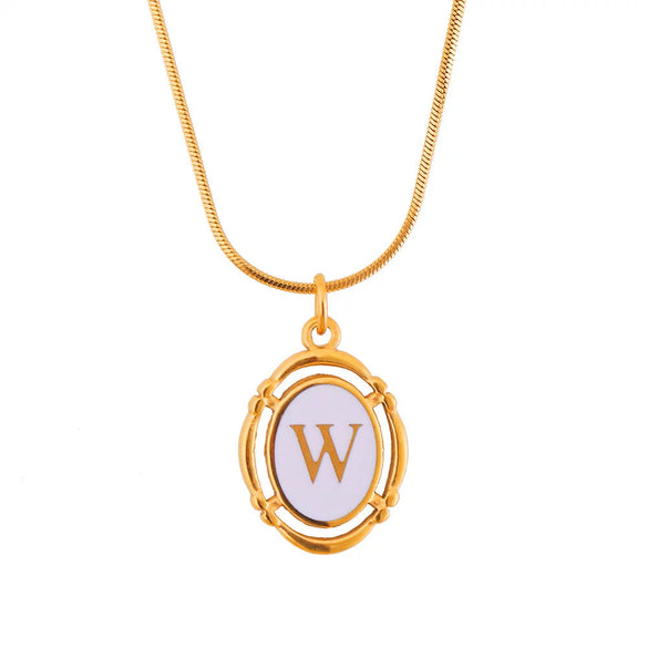 Titanium Steel Gold Plated Letter Oval Pendant Necklace With Dripping Oil Design