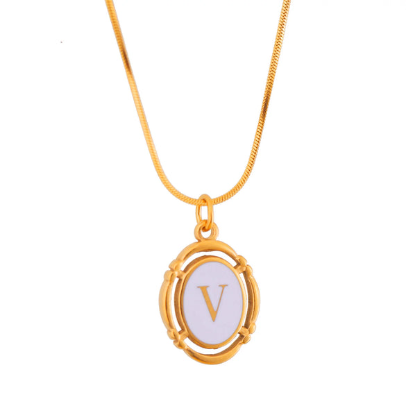 Titanium Steel Gold Plated Letter Oval Pendant Necklace With Dripping Oil Design