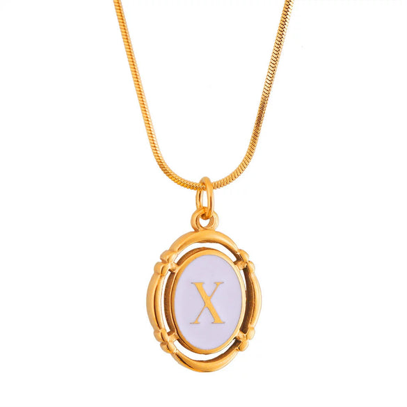 Titanium Steel Gold Plated Letter Oval Pendant Necklace With Dripping Oil Design