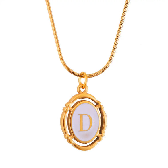 Titanium Steel Gold Plated Letter Oval Pendant Necklace With Dripping Oil Design