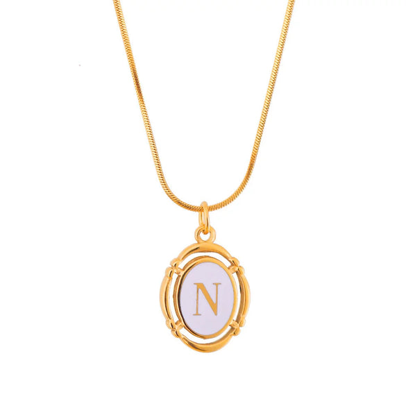 Titanium Steel Gold Plated Letter Oval Pendant Necklace With Dripping Oil Design