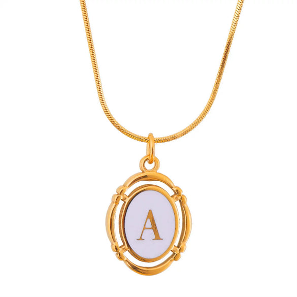 Titanium Steel Gold Plated Letter Oval Pendant Necklace With Dripping Oil Design