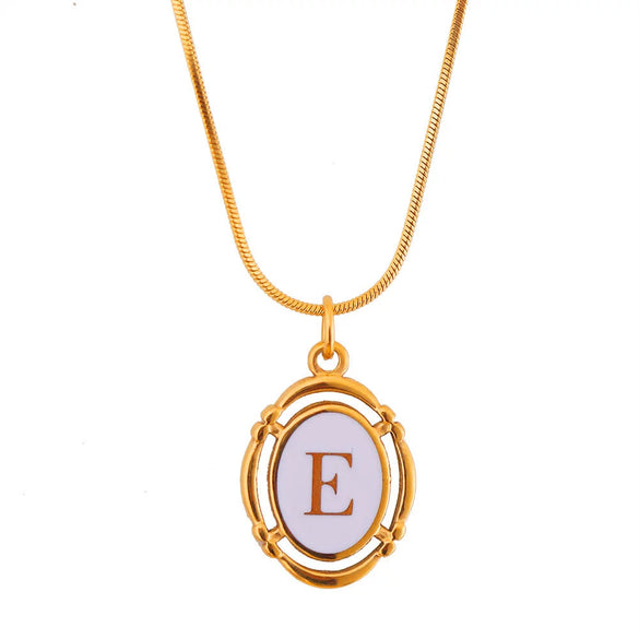 Titanium Steel Gold Plated Letter Oval Pendant Necklace With Dripping Oil Design