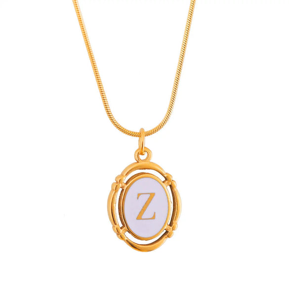 Titanium Steel Gold Plated Letter Oval Pendant Necklace With Dripping Oil Design