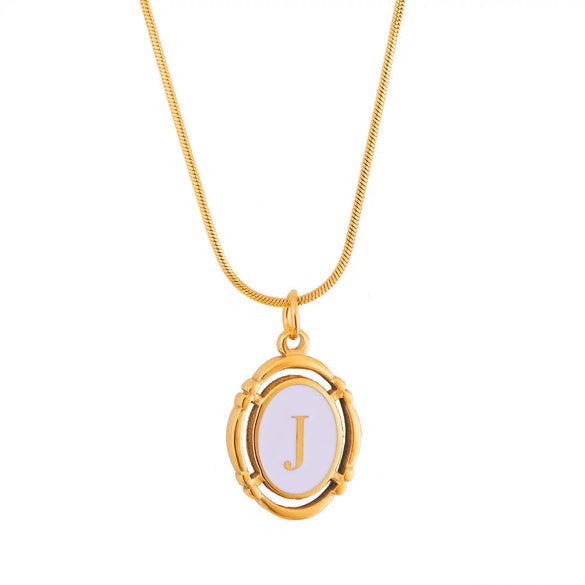 Titanium Steel Gold Plated Letter Oval Pendant Necklace With Dripping Oil Design