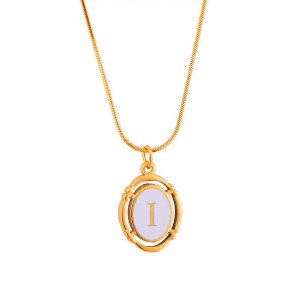 Titanium Steel Gold Plated Letter Oval Pendant Necklace With Dripping Oil Design
