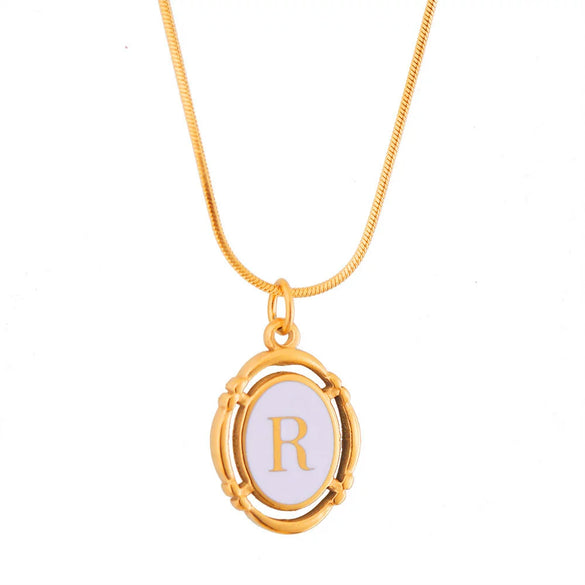 Titanium Steel Gold Plated Letter Oval Pendant Necklace With Dripping Oil Design