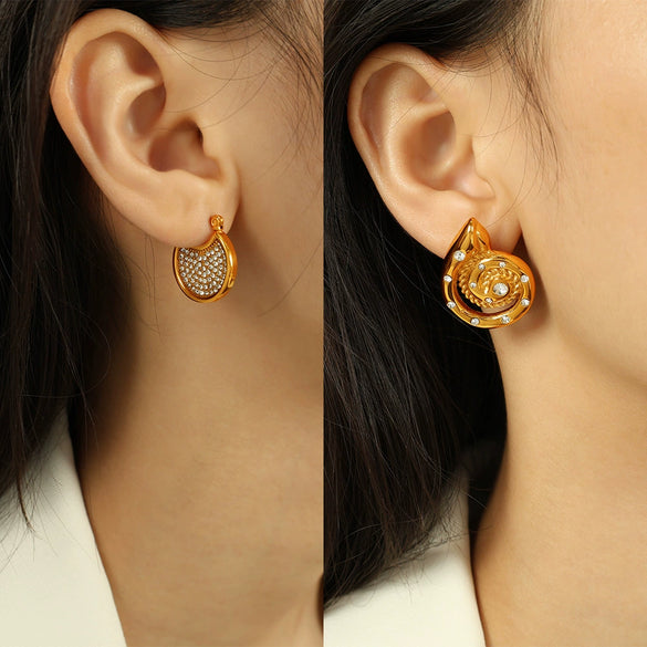 316L Stainless Steel Gold Plated Marine Series Scallop Spiral Ring And White Rhinestone Earrings For Women Simple Style