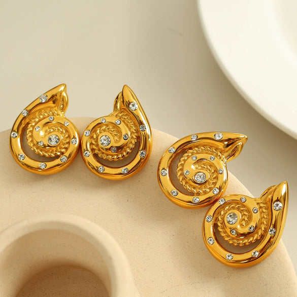 316L Stainless Steel Gold Plated Marine Series Scallop Spiral Ring And White Rhinestone Earrings For Women Simple Style