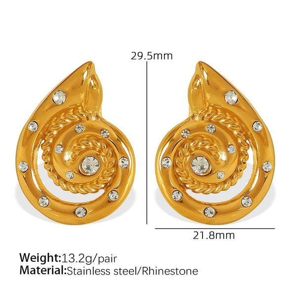 316L Stainless Steel Gold Plated Marine Series Scallop Spiral Ring And White Rhinestone Earrings For Women Simple Style