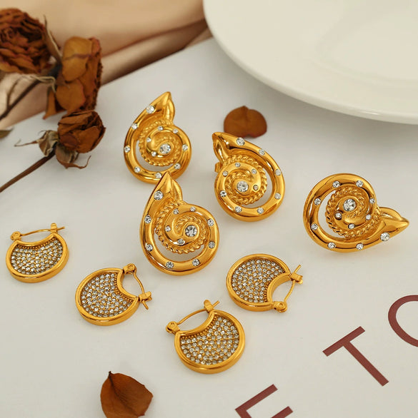 316L Stainless Steel Gold Plated Marine Series Scallop Spiral Ring And White Rhinestone Earrings For Women Simple Style