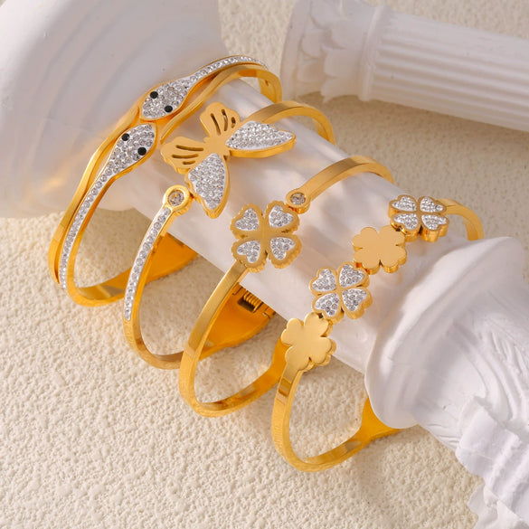 316L Stainless Steel Gold Plated Niche Geometric Fourleaf Love Diamond Butterfly Design Bracelet