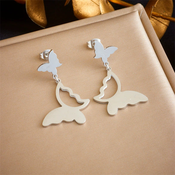 Titanium Steel Gold Plated Polished Hollow Butterfly Pendant Earrings For Women