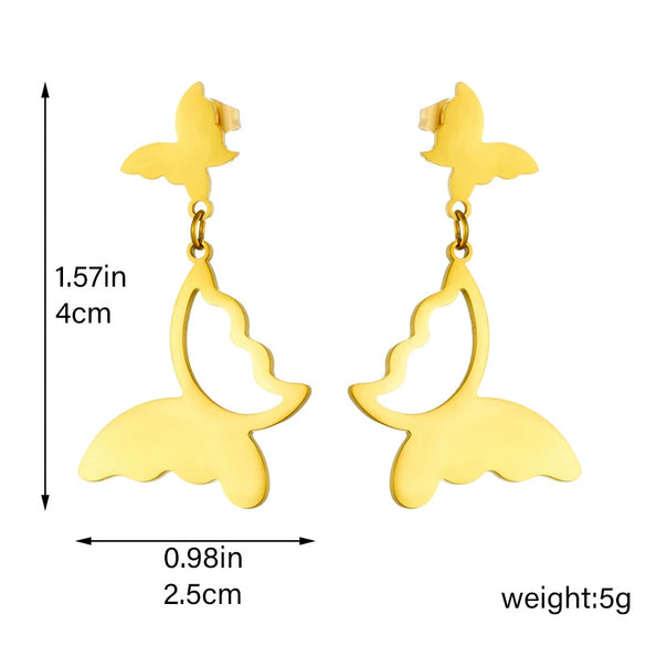 Titanium Steel Gold Plated Polished Hollow Butterfly Pendant Earrings For Women