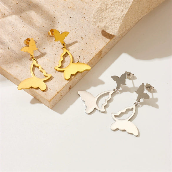 Titanium Steel Gold Plated Polished Hollow Butterfly Pendant Earrings For Women