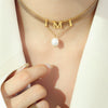 Titanium Steel Gold Plated Women's Jewelry Set With Letter M Tassel Pearl Collar Necklace And Bracelet