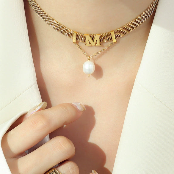Titanium Steel Gold Plated Women's Jewelry Set With Letter M Tassel Pearl Collar Necklace And Bracelet