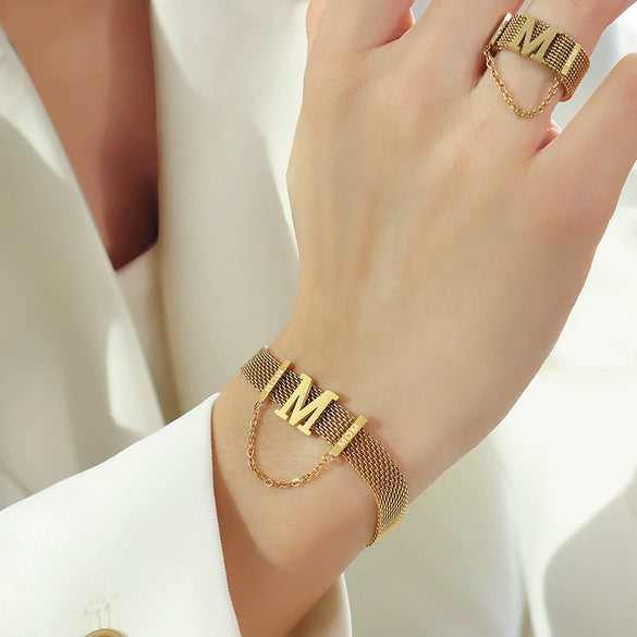 Titanium Steel Gold Plated Women's Jewelry Set With Letter M Tassel Pearl Collar Necklace And Bracelet