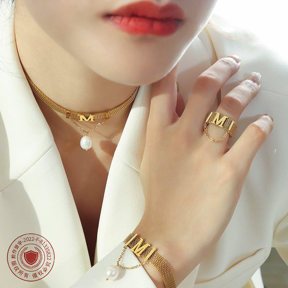 Titanium Steel Gold Plated Women's Jewelry Set With Letter M Tassel Pearl Collar Necklace And Bracelet