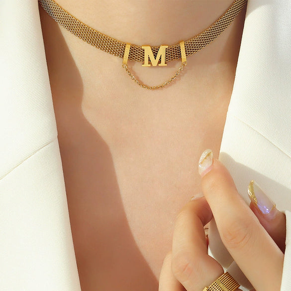 Titanium Steel Gold Plated Women's Jewelry Set With Letter M Tassel Pearl Collar Necklace And Bracelet