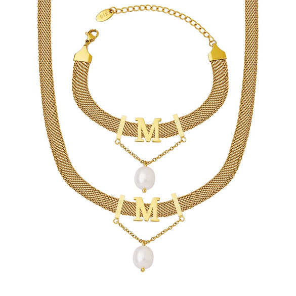 Titanium Steel Gold Plated Women's Jewelry Set With Letter M Tassel Pearl Collar Necklace And Bracelet