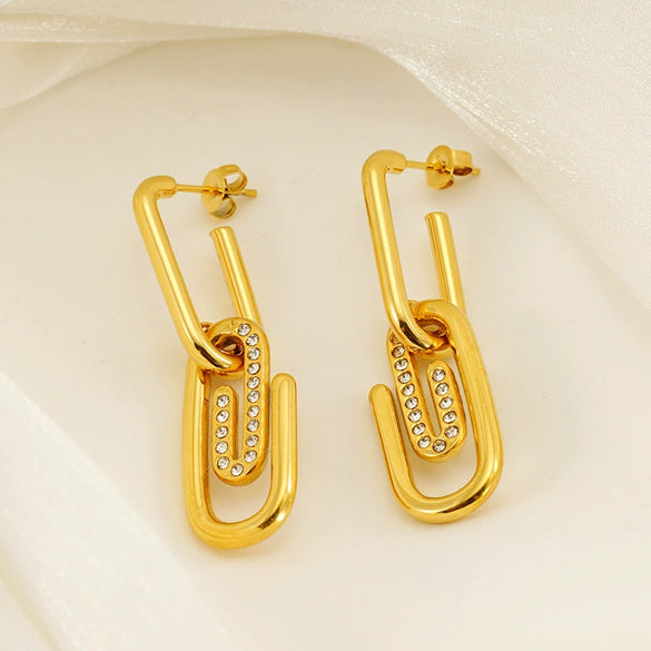 Titanium Steel Goldplated Diamondencrusted Paperclip Design Women's Earrings