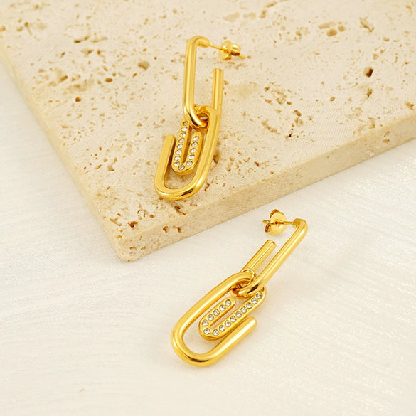 Titanium Steel Goldplated Diamondencrusted Paperclip Design Women's Earrings