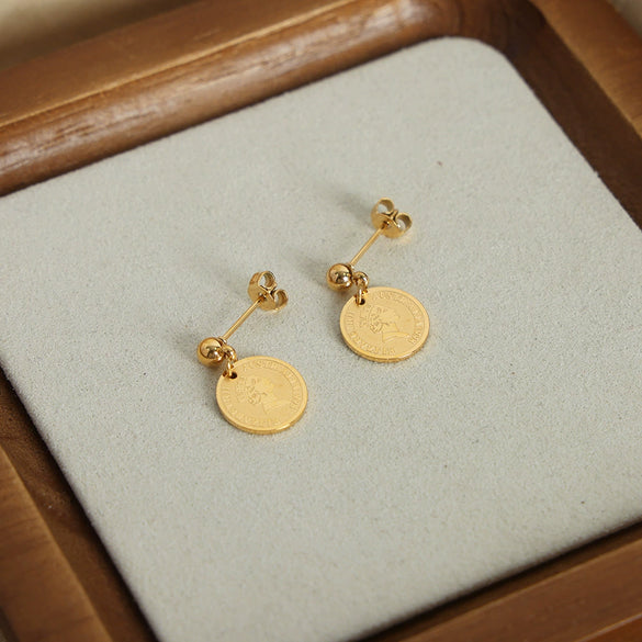 316L Stainless Steel Goldplated Embossed Cartoon Character Pendant Earrings For Women