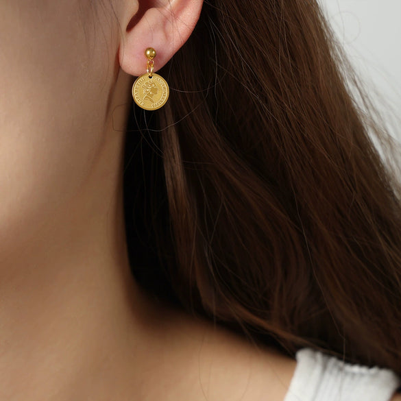 316L Stainless Steel Goldplated Embossed Cartoon Character Pendant Earrings For Women