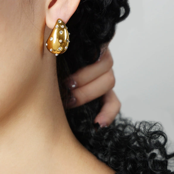 316L Stainless Steel Goldplated Geometric Water Drop Diamondembedded Beading Earrings For Women