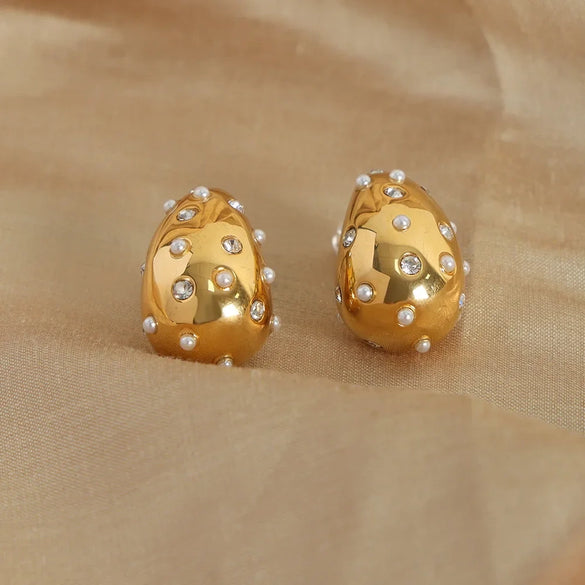 316L Stainless Steel Goldplated Geometric Water Drop Diamondembedded Beading Earrings For Women