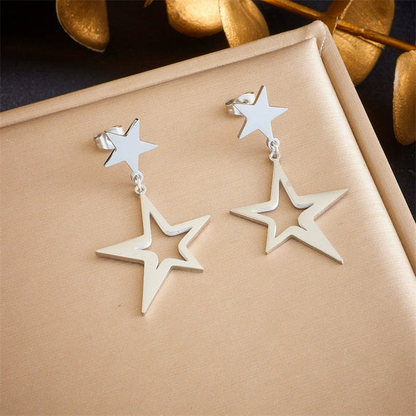 Titanium Steel Goldplated Hollow Irregular Fivepointed Star Pendant Earrings For Women Fashion Creative Design
