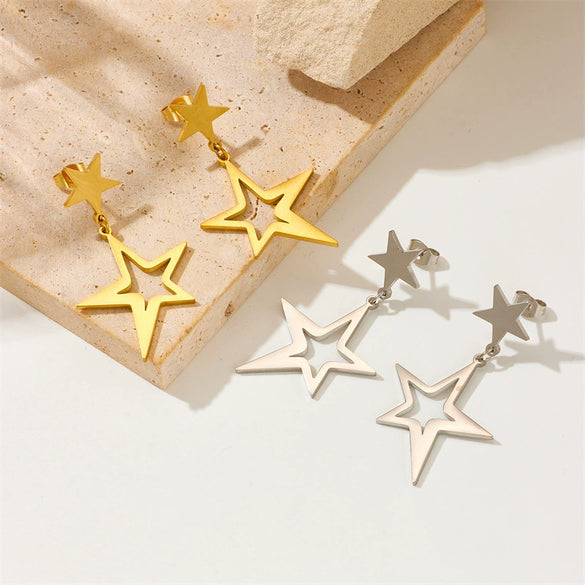 Titanium Steel Goldplated Hollow Irregular Fivepointed Star Pendant Earrings For Women Fashion Creative Design