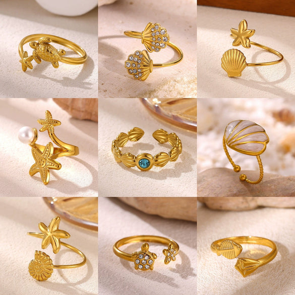 Titanium Steel Goldplated Open Ring With Starfish Design And Zircon Accents For Women