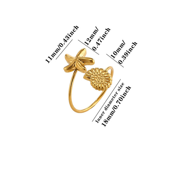 Titanium Steel Goldplated Open Ring With Starfish Design And Zircon Accents For Women