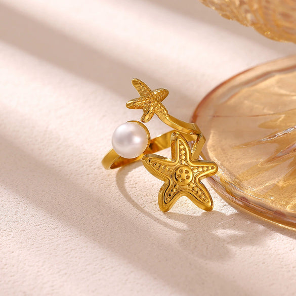 Titanium Steel Goldplated Open Ring With Starfish Design And Zircon Accents For Women