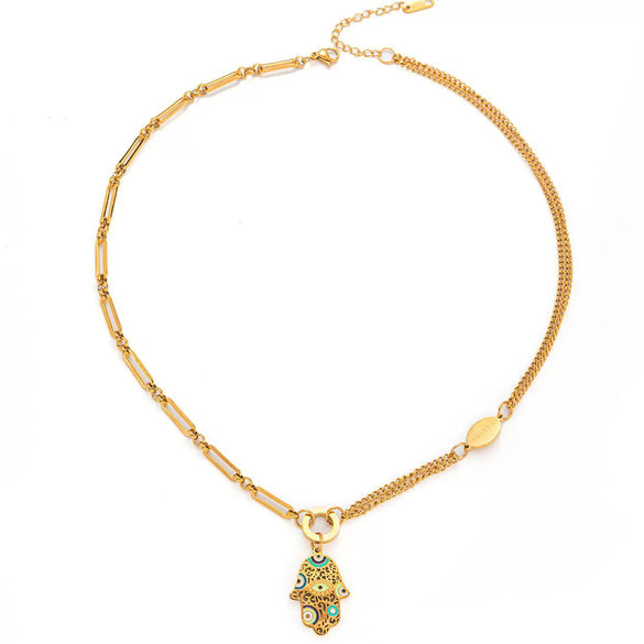 Titanium Steel Goldplated Personality Spliced Palm Eyes Cut Out Necklace And Earrings Set