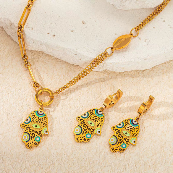 Titanium Steel Goldplated Personality Spliced Palm Eyes Cut Out Necklace And Earrings Set
