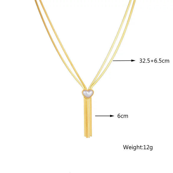 Titanium Steel Goldplated Retro Chain Tassel Pearl Love Multilayer Women's Necklace