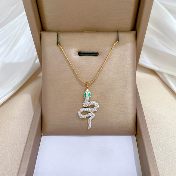 Titanium Steel Greeneyed Snake Minimalistic Style Gold Plated Necklace With Geometric And Cartoon Patterns