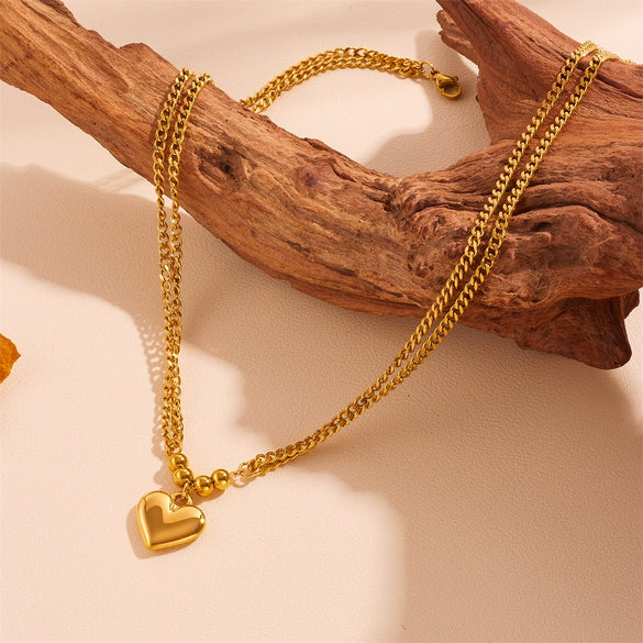 Titanium Steel Heart And Round Pattern Love Jewelry Set Necklace And Bracelet Electroplating Style For Women