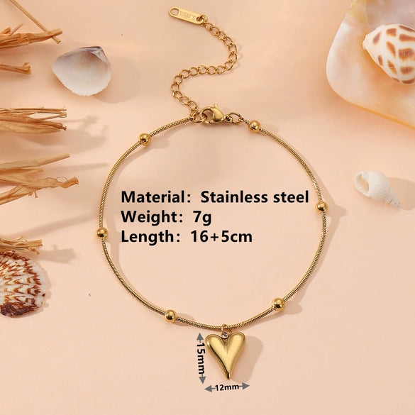 Titanium Steel Heart Bead Snake Chain Bracelet Anklet For Women Electroplated Cartoon Style