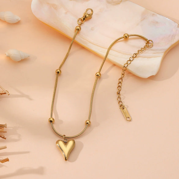 Titanium Steel Heart Bead Snake Chain Bracelet Anklet For Women Electroplated Cartoon Style
