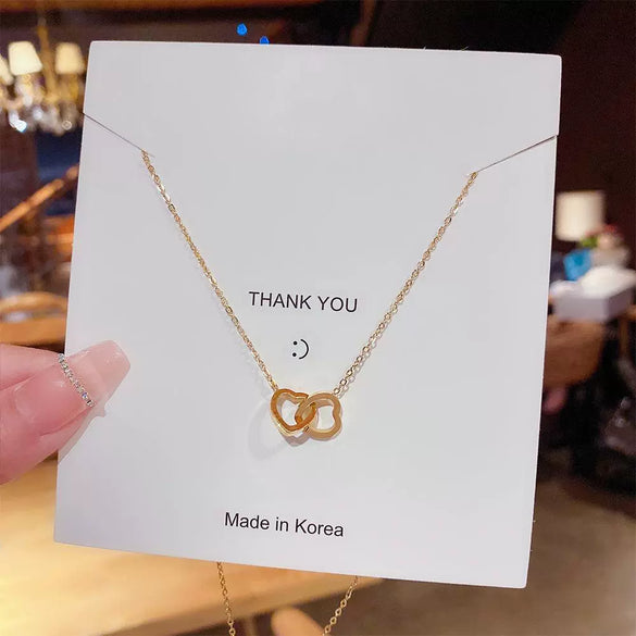 Titanium Steel Heart Double Ring Clavicle Necklace For Women Light Luxury Niche Design