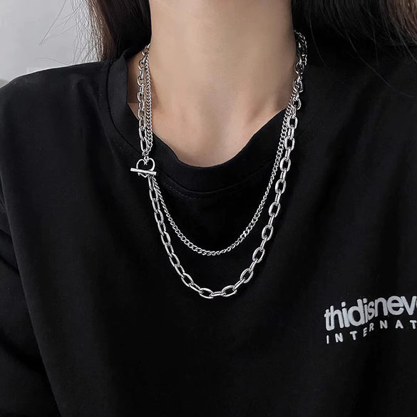 Titanium Steel Heart Doublelayer Ot Buckle Unisex Hiphop Clavicle Necklace With Geometric Pattern And Polishing Treatment