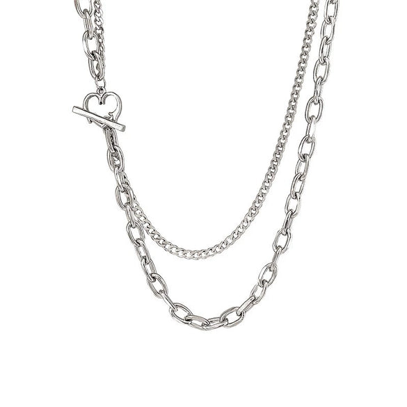 Titanium Steel Heart Doublelayer Ot Buckle Unisex Hiphop Clavicle Necklace With Geometric Pattern And Polishing Treatment