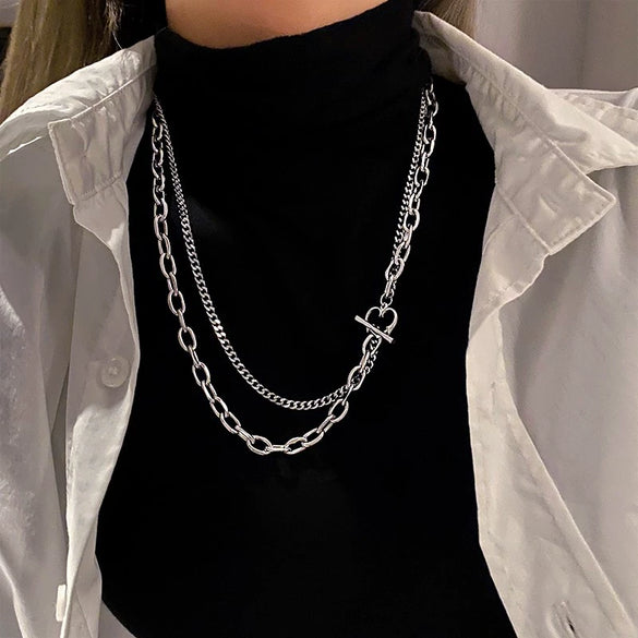 Titanium Steel Heart Doublelayer Ot Buckle Unisex Hiphop Clavicle Necklace With Geometric Pattern And Polishing Treatment