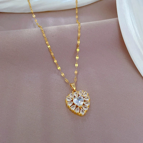 Titanium Steel Heart Full Diamond Real Gold Electroplated Light Luxury Style Women's Necklace With Geometric Pattern