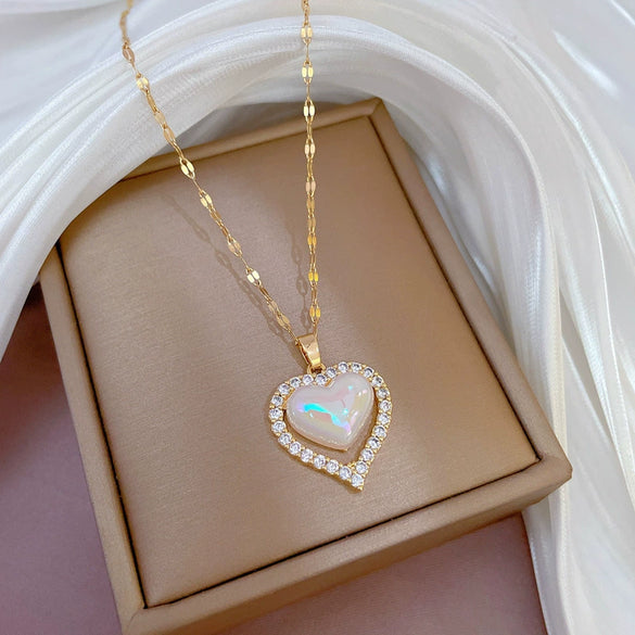 Titanium Steel Heart Mermaid Style Necklace With Zircon And Micropaved Diamond Pendant Copper Electroplated Real Gold